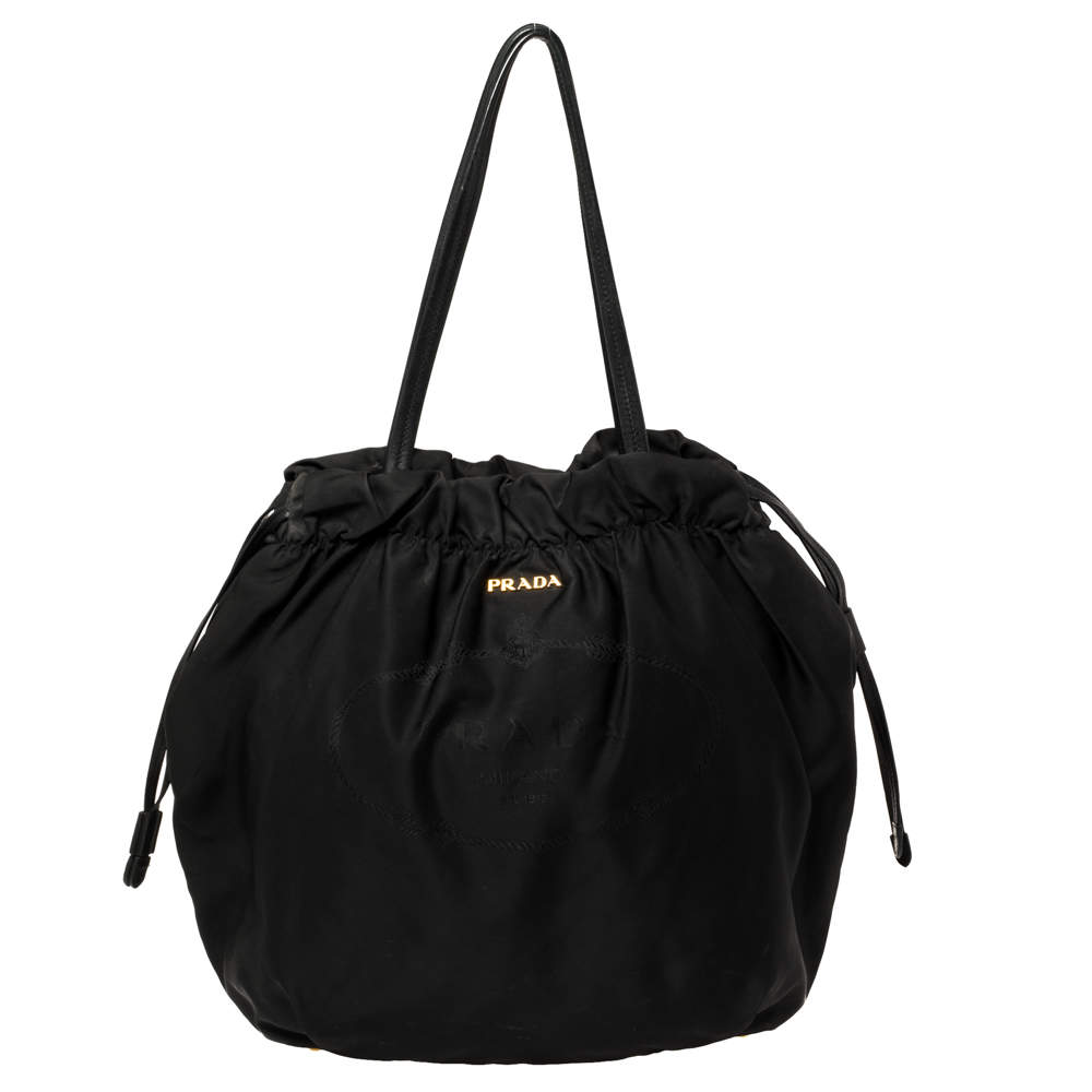 Prada Black Nylon Logo Drawstring Shoulder Bag 