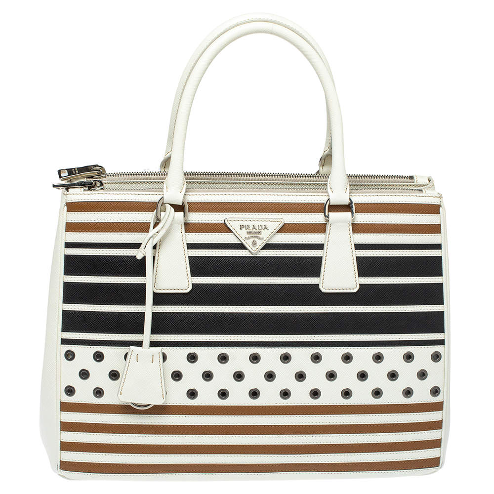 Prada Tricolor Striped and Rivet Detail Saffiano Lux Leather Medium Double Zip Tote
