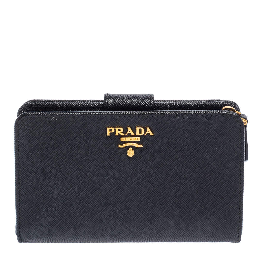 Pre Owned Prada Black Saffiano Leather Wallet French Flap Wallet