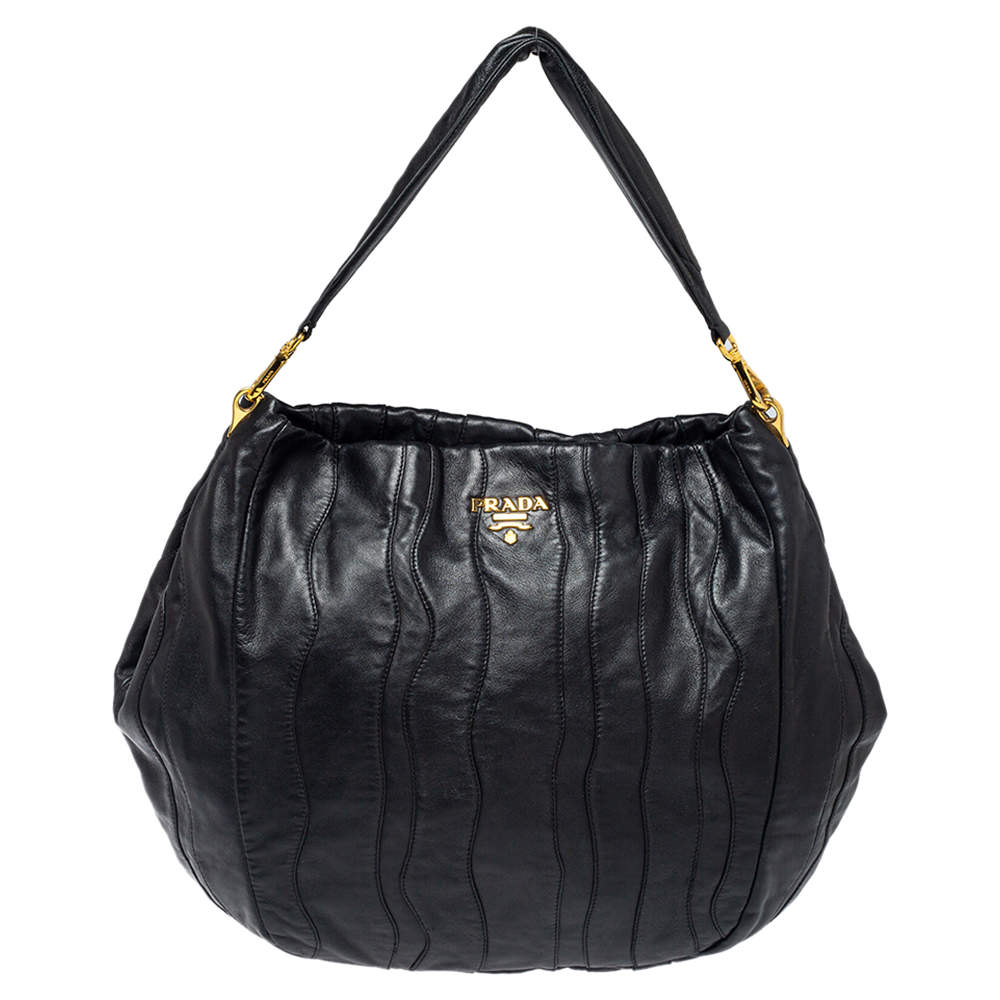 Pre Owned Prada Black Stripes Leather Hobo