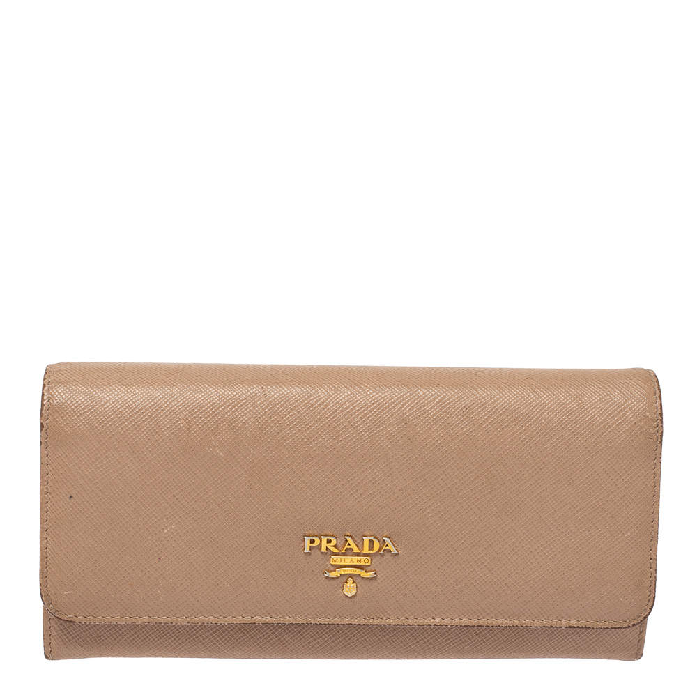 Pre Owned Prada Beige Saffiano Lux Leather Continental Flap Wallet