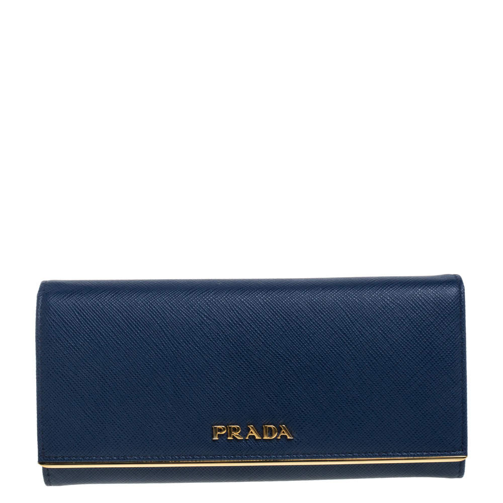 Prada Blue Saffiano Lux Leather Continental Flap Wallet