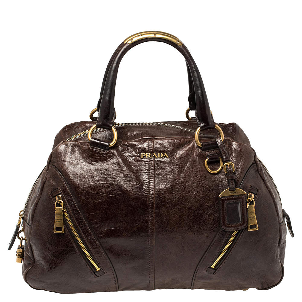 مملوكة مسبقًا Prada Dark Brown Vitello Shine Leather Bowler Bag
