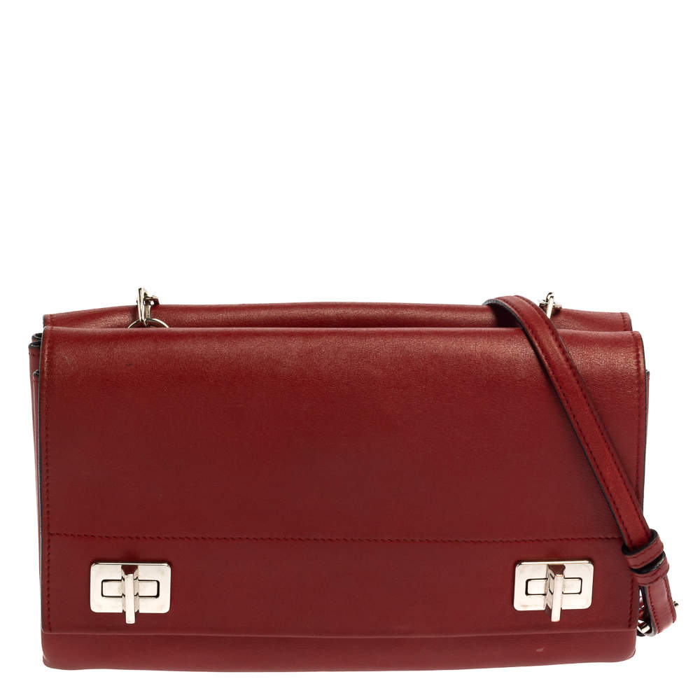 Pre Owned Prada Red Leather Double Shoulder Bag