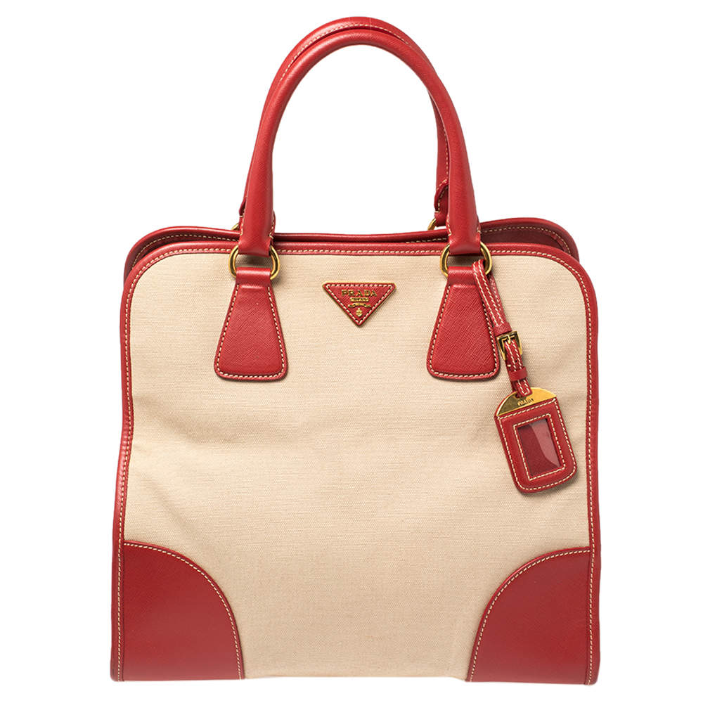 Pre Owned Prada Beige/Red Canvas and Leather Canapa Tote