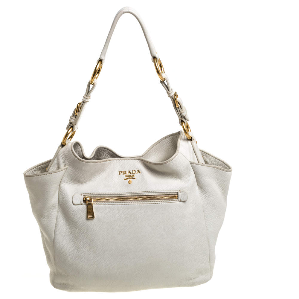Pre Owned حقيبة هوبو برادا سحاب أمامي جلد فيتيلو داينو أبيض