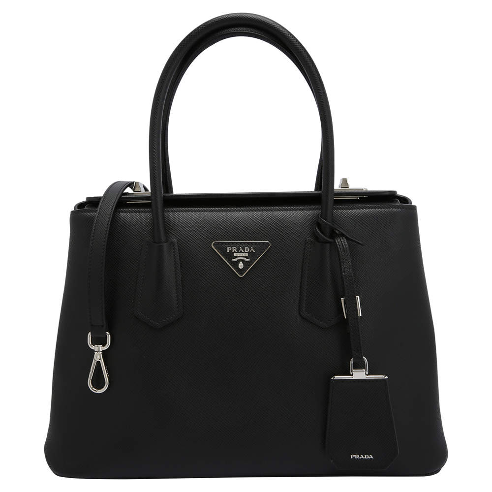 Pre Owned Prada Black Leather Saffiano Galleria Double Flap Tote Bag