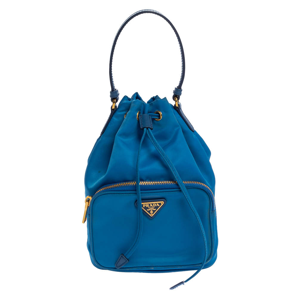 Prada Two Tone Blue Nylon Duet Drawstring Shoulder Bag
