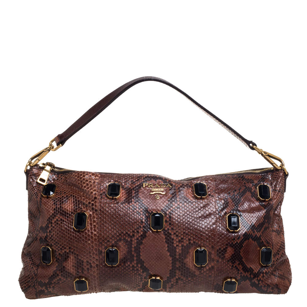Pre Owned Prada Brown Python Jewel Embellished Shoulder Bag