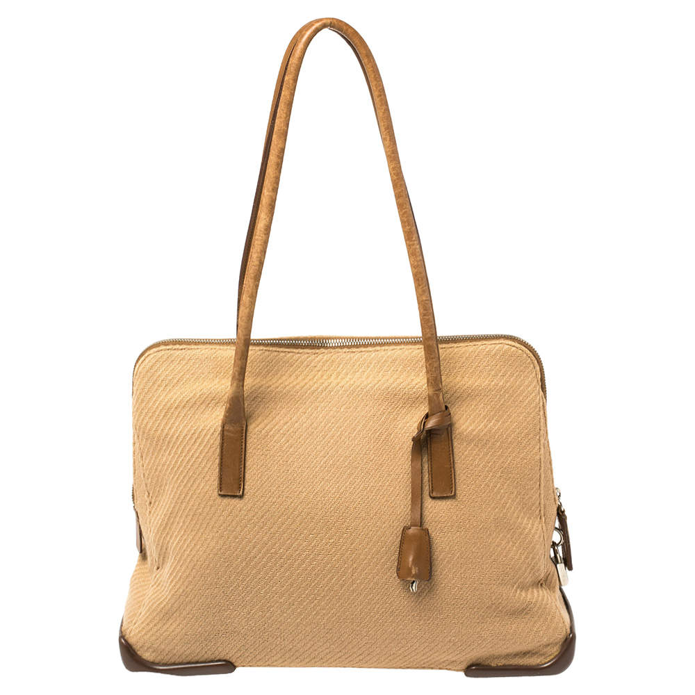 Pre Owned Prada Two Tone Brown Fabric/Rubber and Leather Zip Satchel