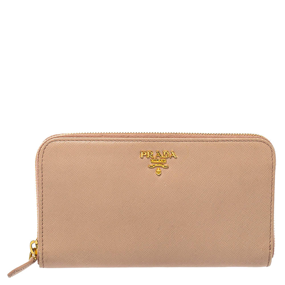Pre Owned Prada Beige Saffiano Leather Zip Around Wallet