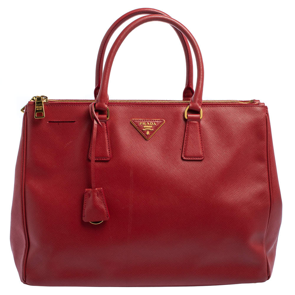Pre Owned Prada Red Saffiano Lux Leather Large Double Zip Tote