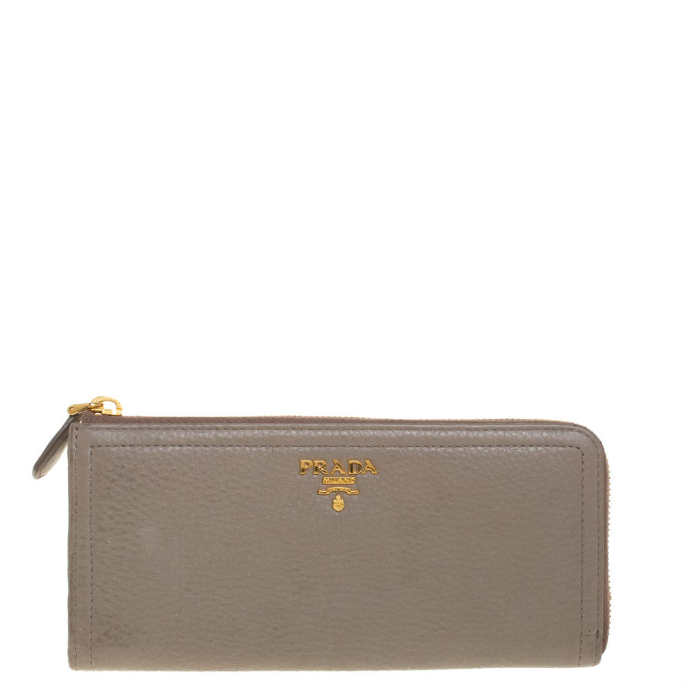 Pre Owned Prada Taupe Leather Zip Around Wallet