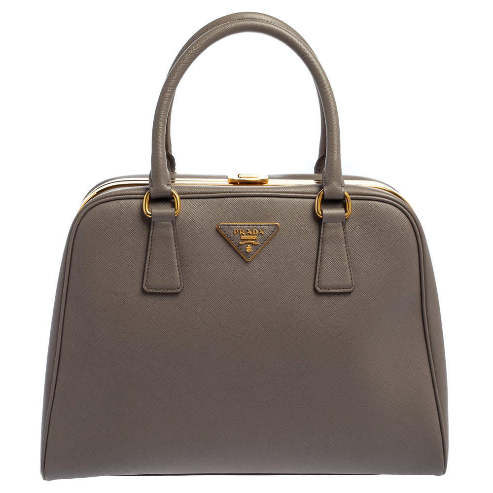 Pre Owned Prada Grey Saffiano Lux Leather Pyramid Frame Satchel