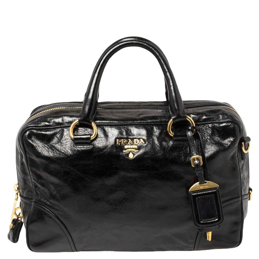 Prada, Bags, Prada Black Vitello Shine Leather Satchel Bag