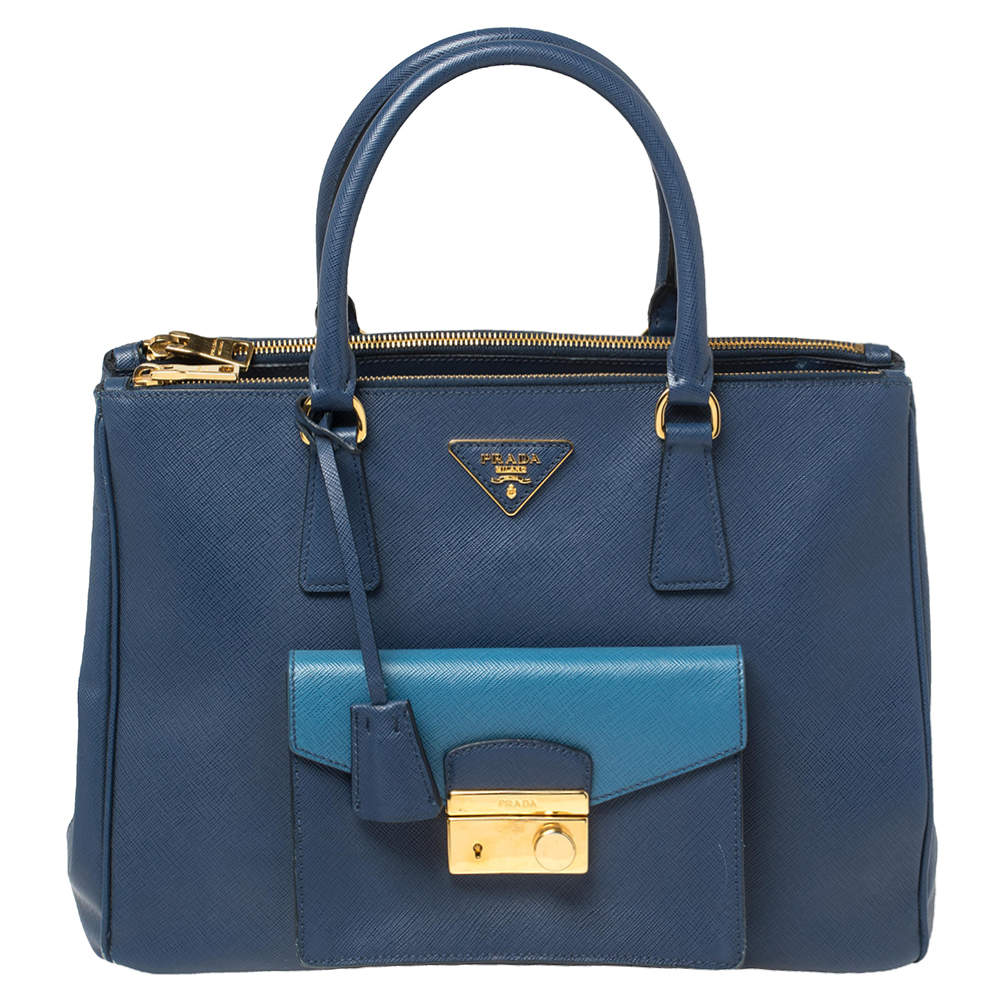 Prada Blue Two Tone Saffiano Lux Leather Front Pocket Double Zip Tote