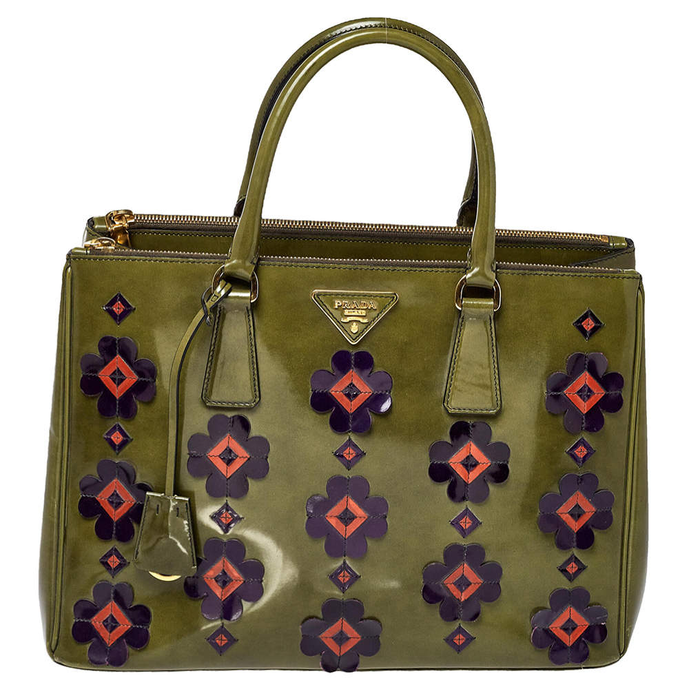 Pre Owned Prada Green Floral Applique Patent Leather Medium Double Zip Tote
