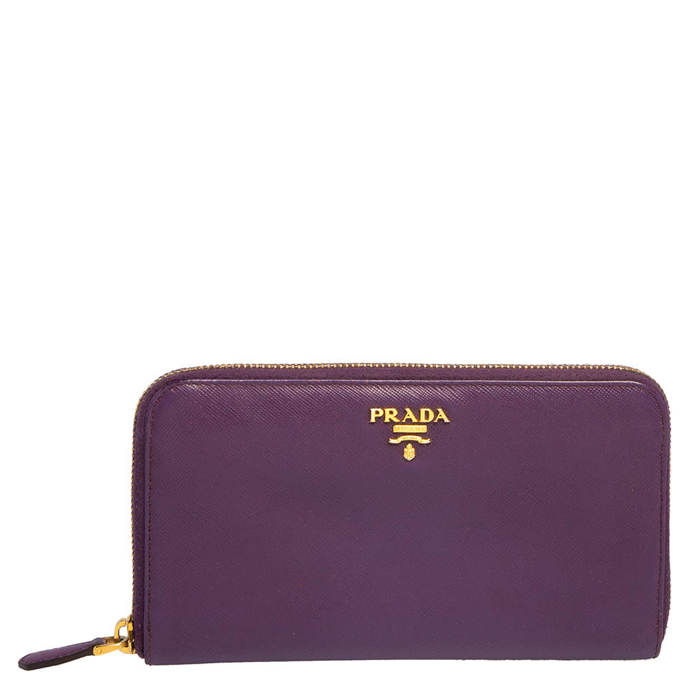 Prada Purple Saffiano Lux Leather Zip Around Wallet