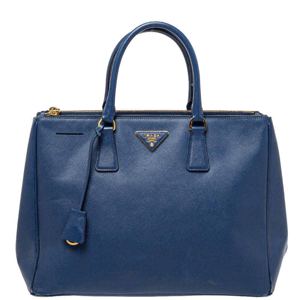 Pre Owned Prada Blue Saffiano Lux Leather Large Double Zip Tote