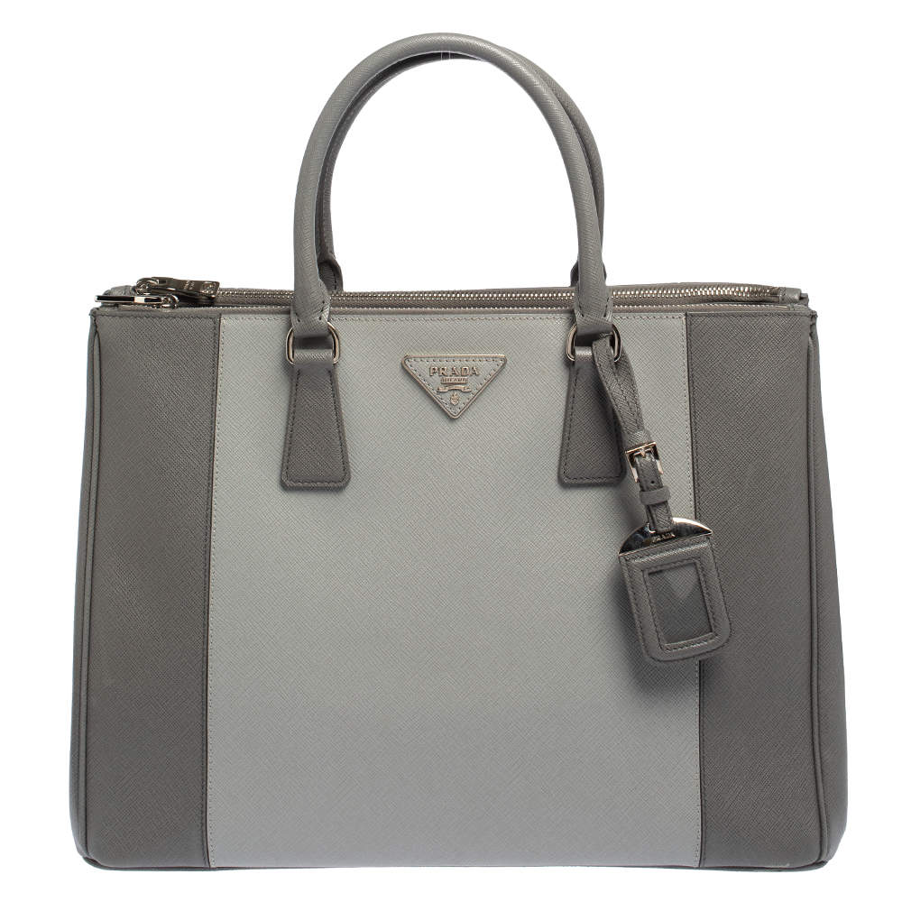 Pre Owned Prada Grey Two Tone Saffiano Lux Leather Large Double Zip Tote