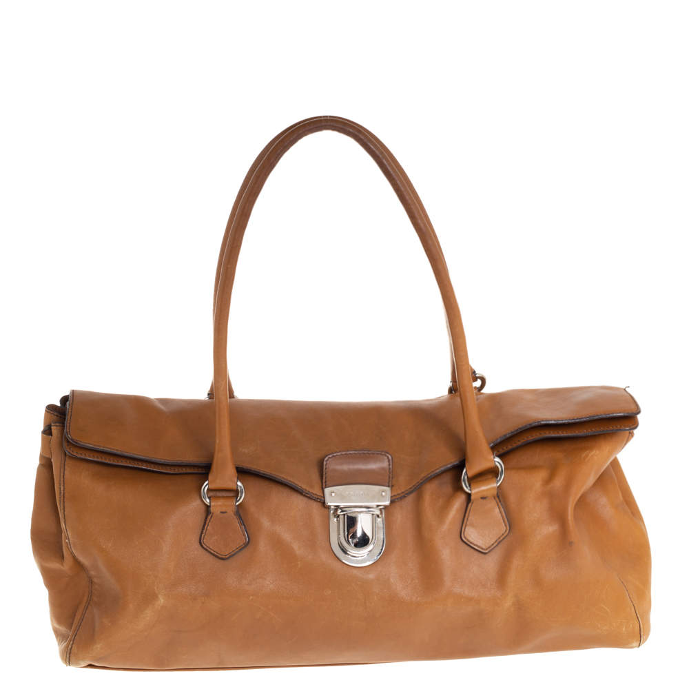 Pre Owned Prada Brown Leather Easy Foldover Pushlock Satchel