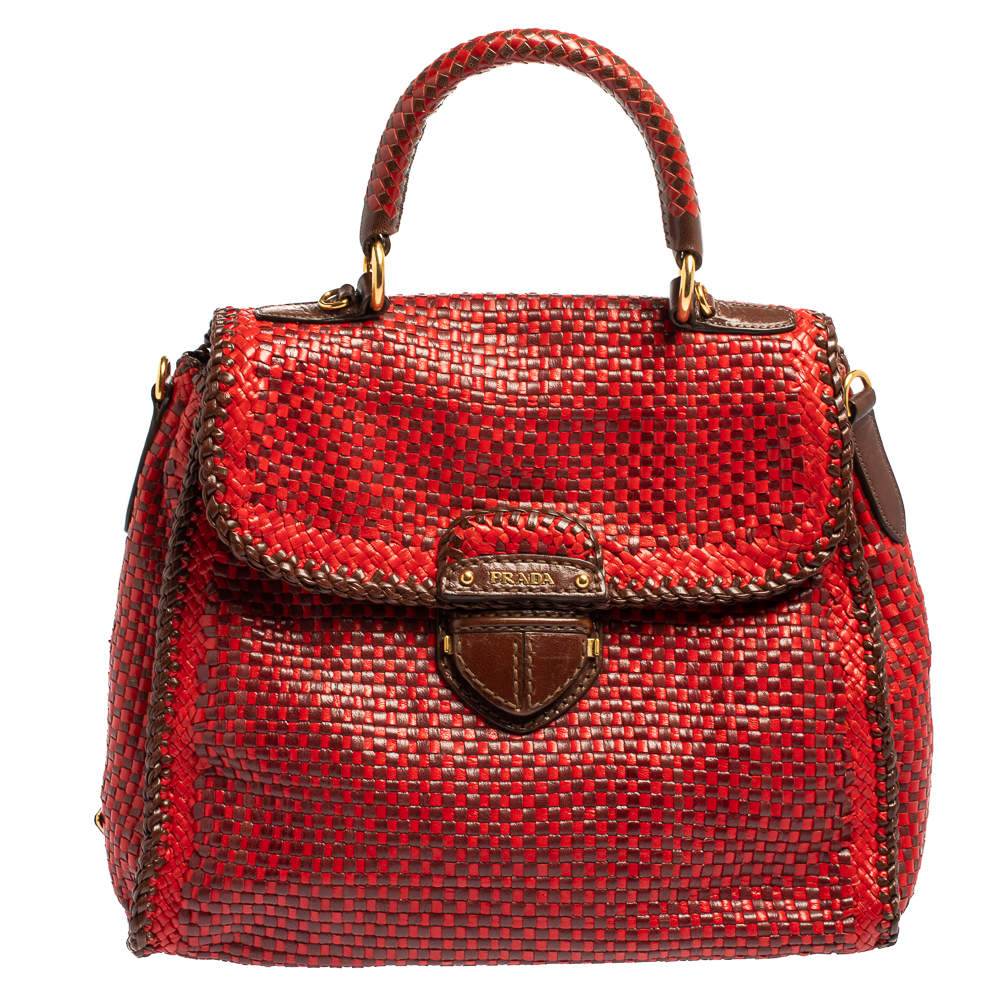 Pre Owned Prada Red/Brown Woven Goatskin Leather Madras Top Handle Bag