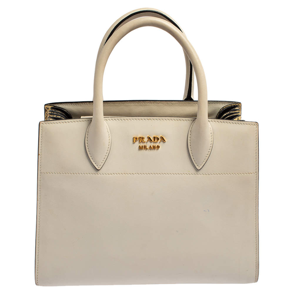 Prada Beige/White Leather and Snakeskin Bibliotheque Tote