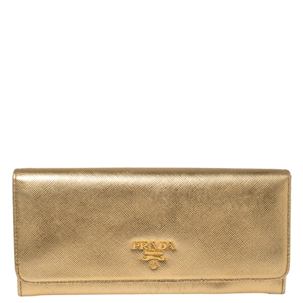 Pre Owned Prada Metallic Gold Saffiano Leather Flap Continental Wallet