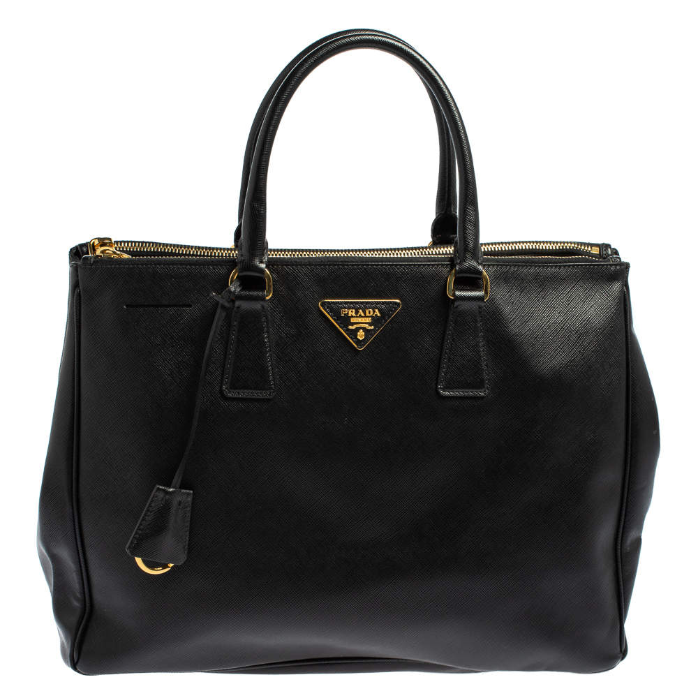 Pre Owned Prada Black Saffiano Lux Leather Medium Double Zip Tote