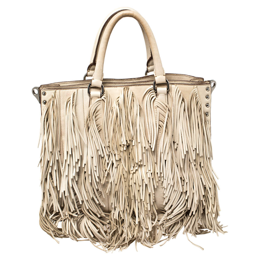 Pre Owned Prada Beige Leather Small Fringe Tote