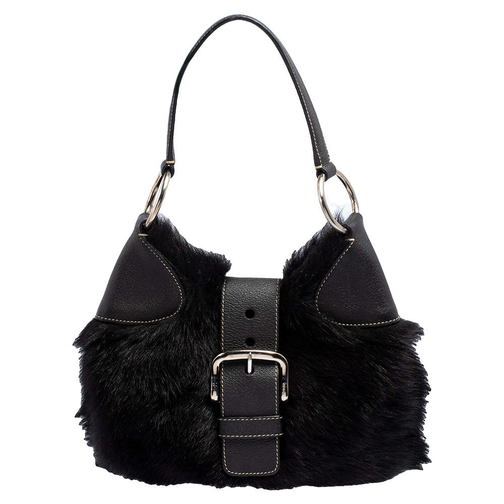 Pre Owned Prada Black Sheep Fur and Leather Buckle Flap Hobo 