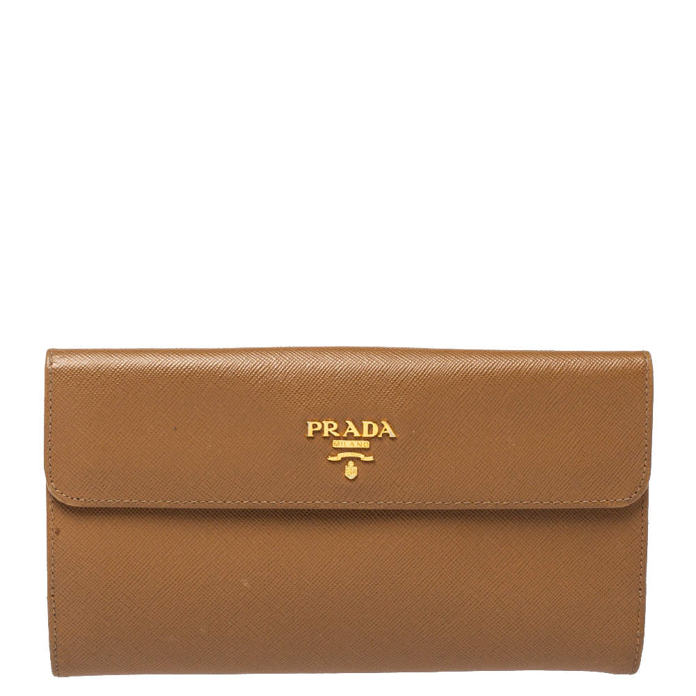 Pre Owned Prada Tan Saffiano Lux Leather Logo Flap Continental Wallet