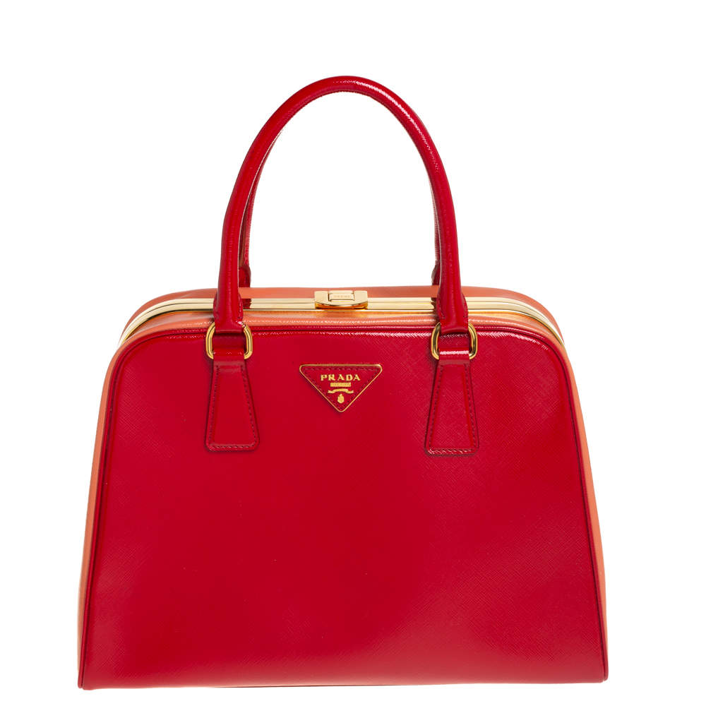 Pre Owned Prada Red/Orange Saffiano Parent Leather Pyramid Frame Top Handle Bag