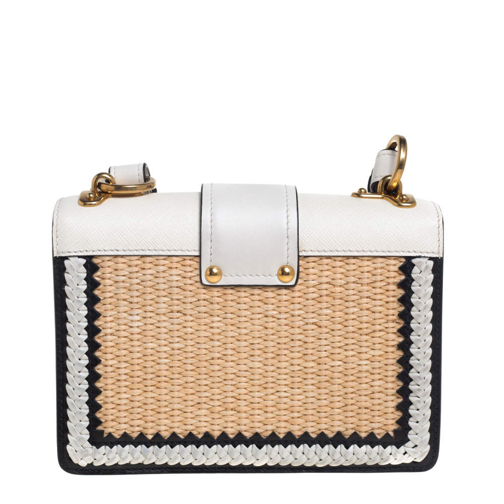 PRADA City Calf Raffia Saffiano Cahier Bag Naturale White 658090