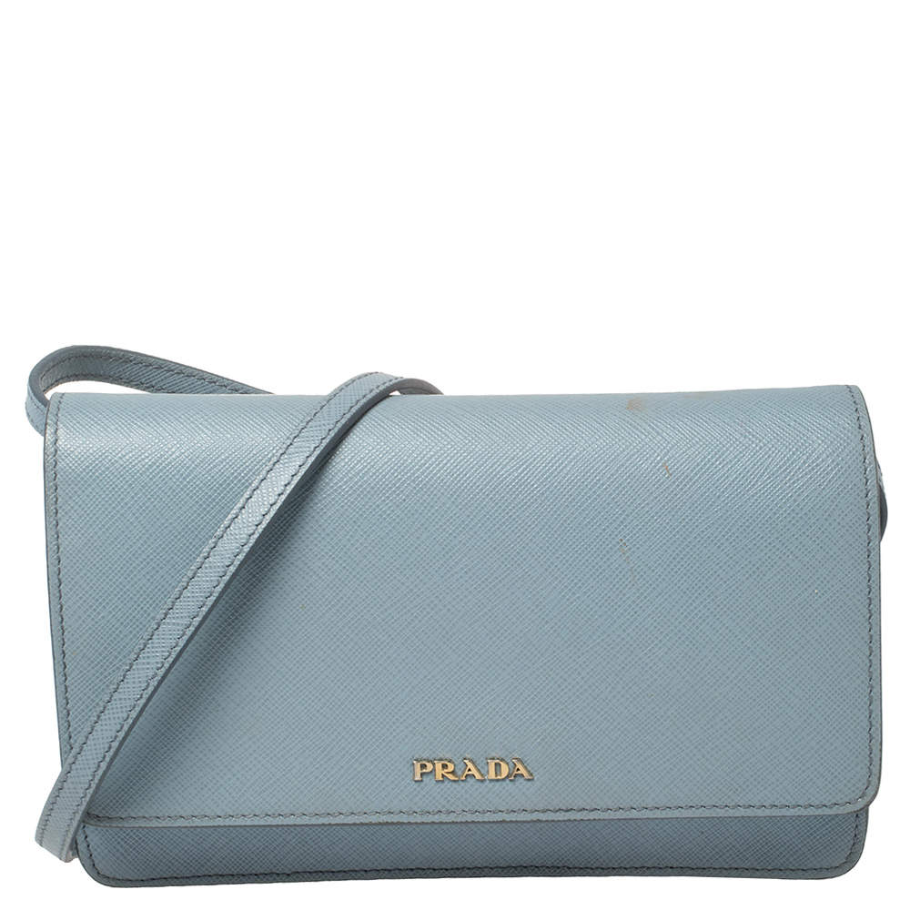 Pre Owned Prada Blue Leather Flap Crossbody Bag