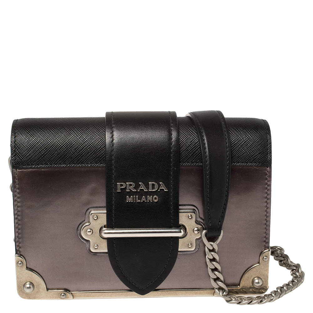 Pre Owned Prada Black/Metallic Saffiano Lux and Patent Leather Cahier Shoulder Bag