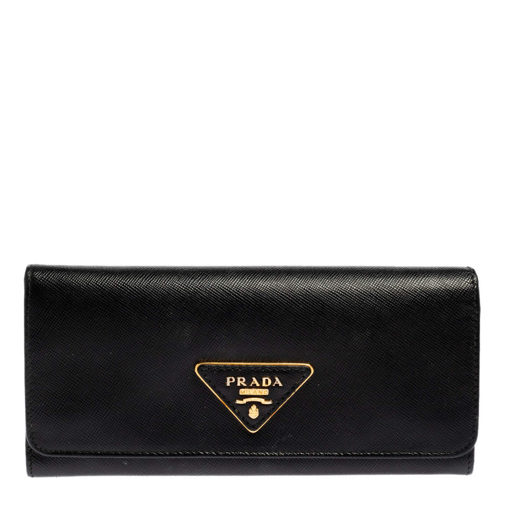 مملوكة مسبقًا Prada Black Saffiano Lux Leather Continental Flap Wallet