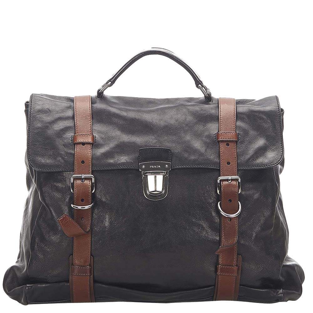 Pre Owned Prada Black Calf Leather Business Top Handle Bag