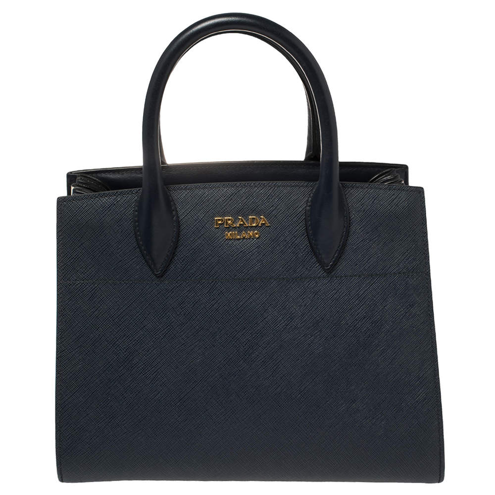 Pre Owned Prada Navy Blue/White Saffiano Leather Bibliotheque Tote