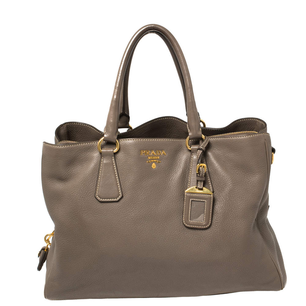 Pre Owned  Prada Taupe Cervo Leather Side Zipped Tote