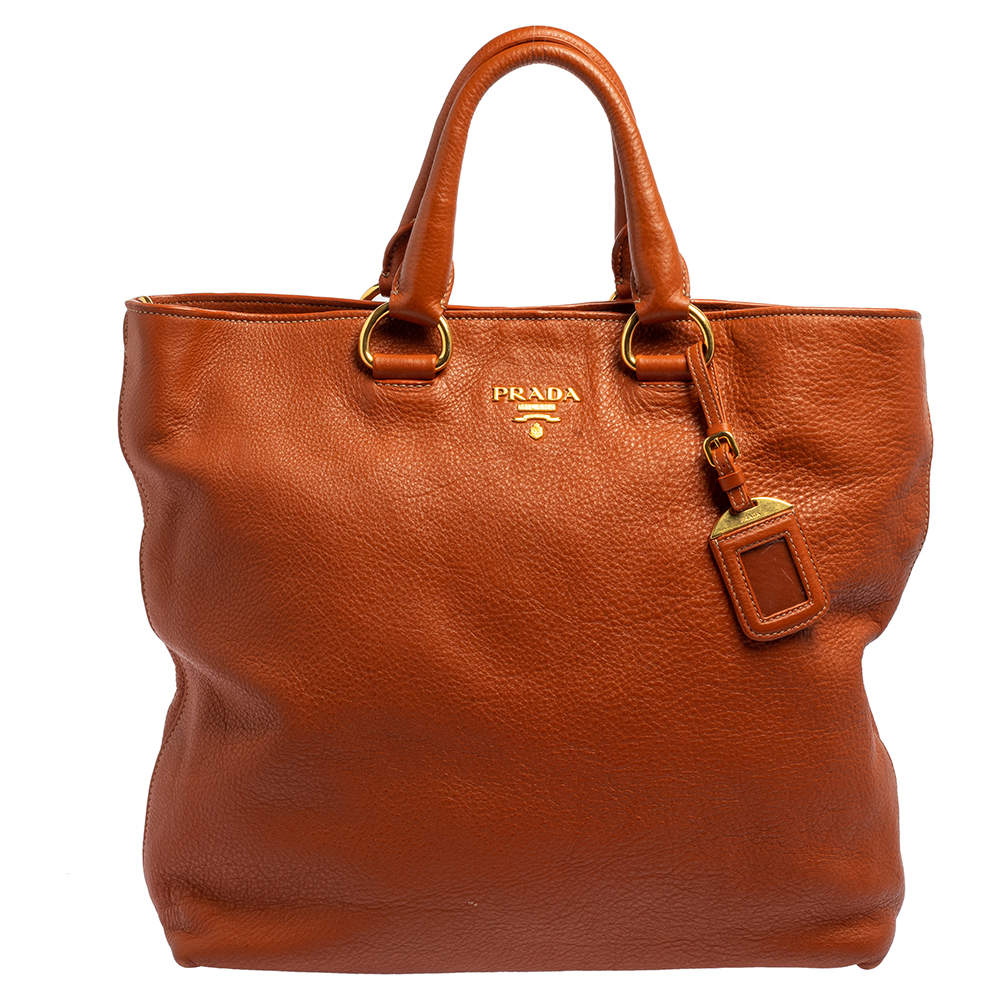 Pre Owned Prada Orange Vitello Daino Leather Shopping Tote 