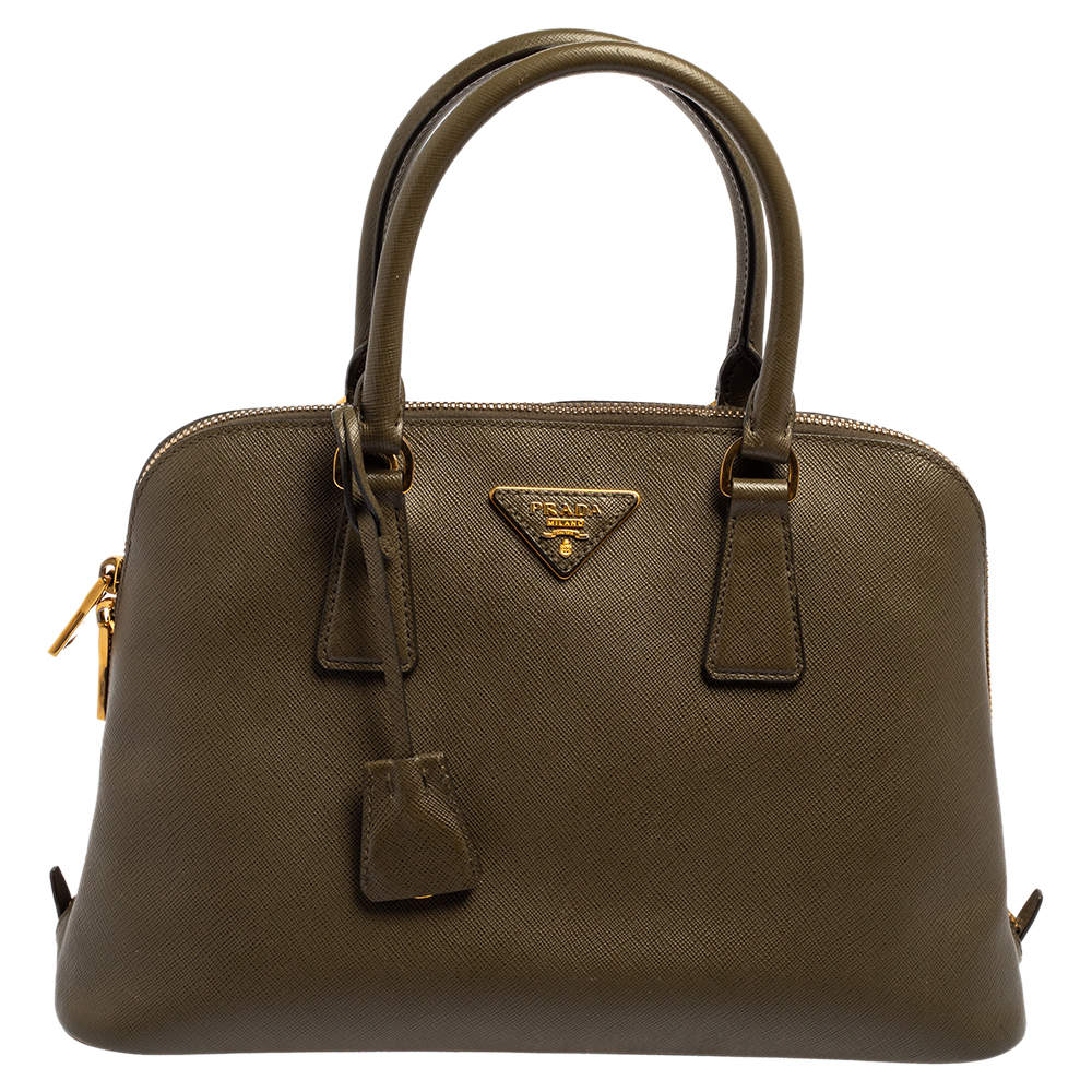 Pre Owned Prada Olive Green Saffiano Lux Leather Medium Promenade Bag