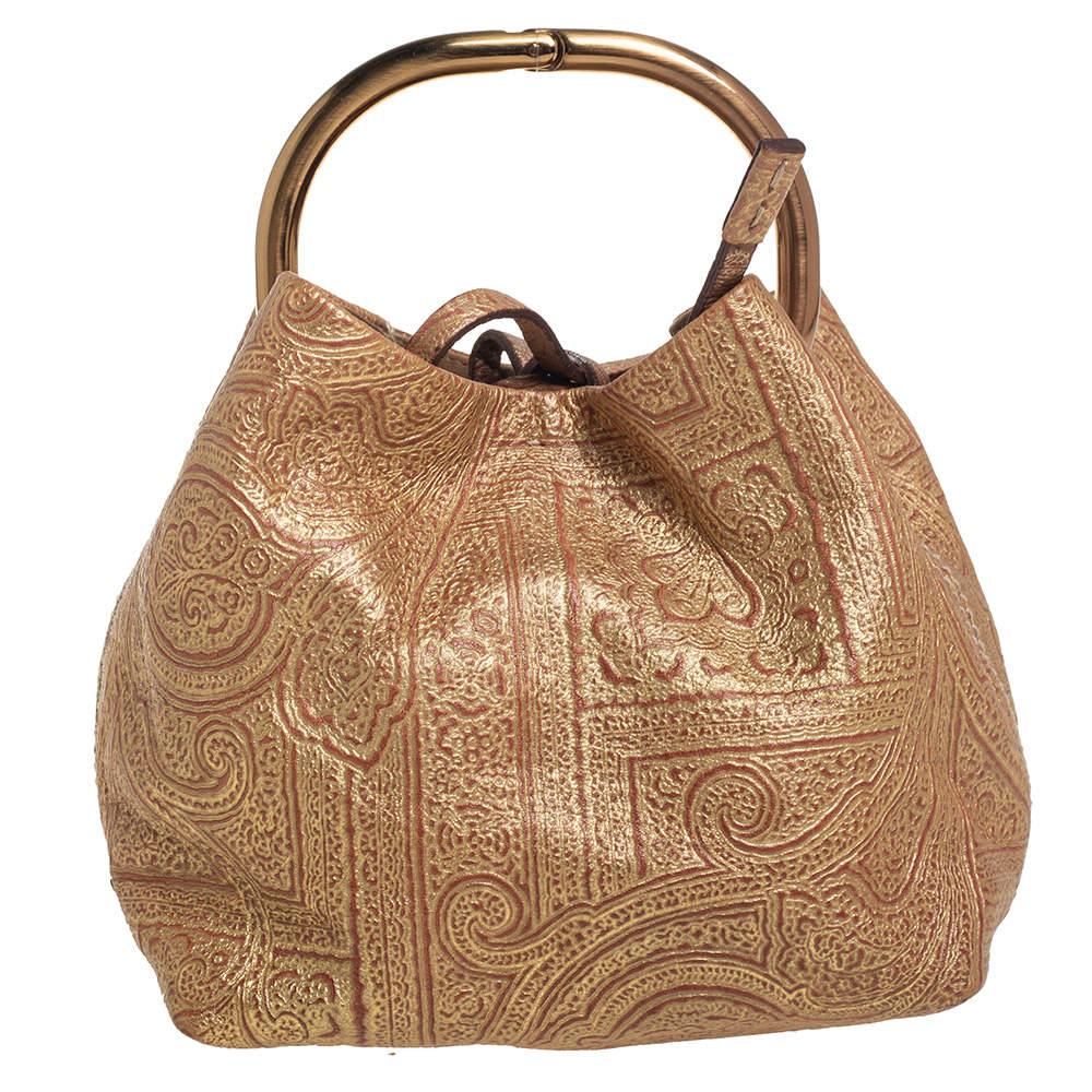 Pre Owned Prada Gold Printed Leather Ring Pouch