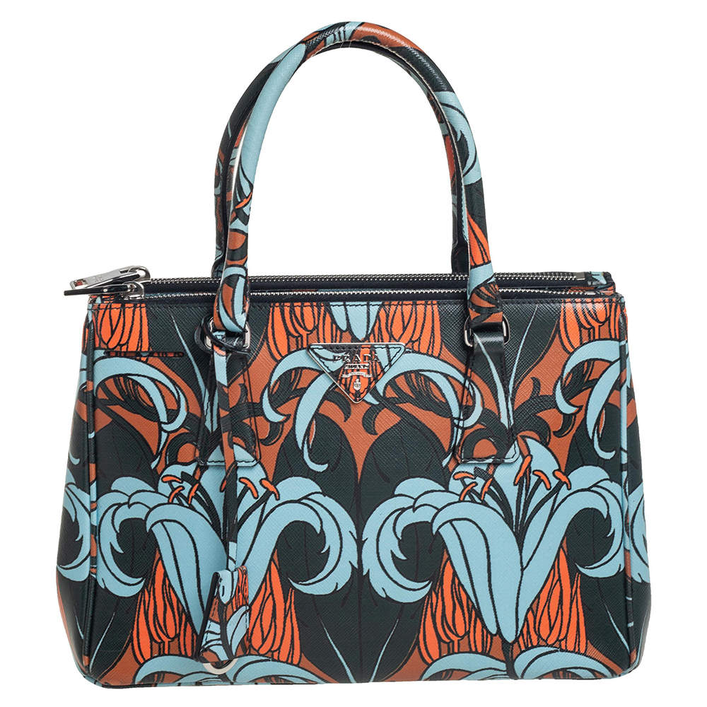 Pre Owned Prada Multicolor Lily Print Saffiano Leather Small Galleria Tote