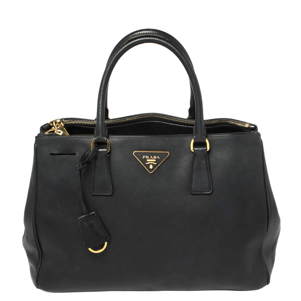 Pre Owned حقيبة يد برادا "غاليريا" متوسطة سحاب مزدوج جلد سافيانو لوكس أسود