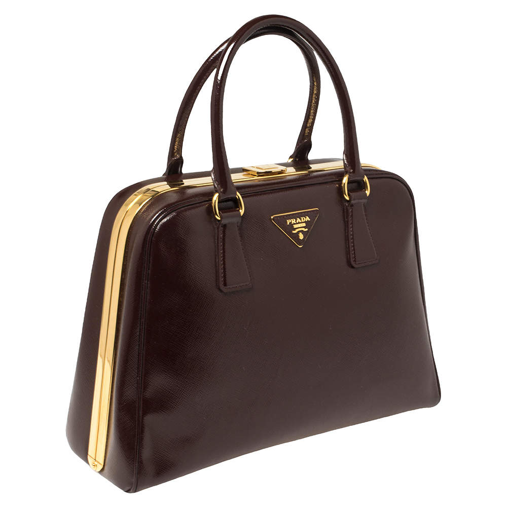 PRADA Vernice Pyramid Saffiano Leather Top Handle Bag Brown