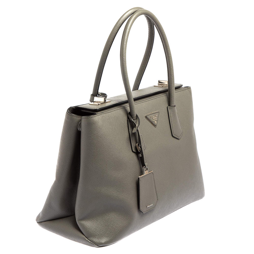 Prada Grey Saffiano Cuir Leather Twin Tote Bag BN2823 - Yoogi's Closet