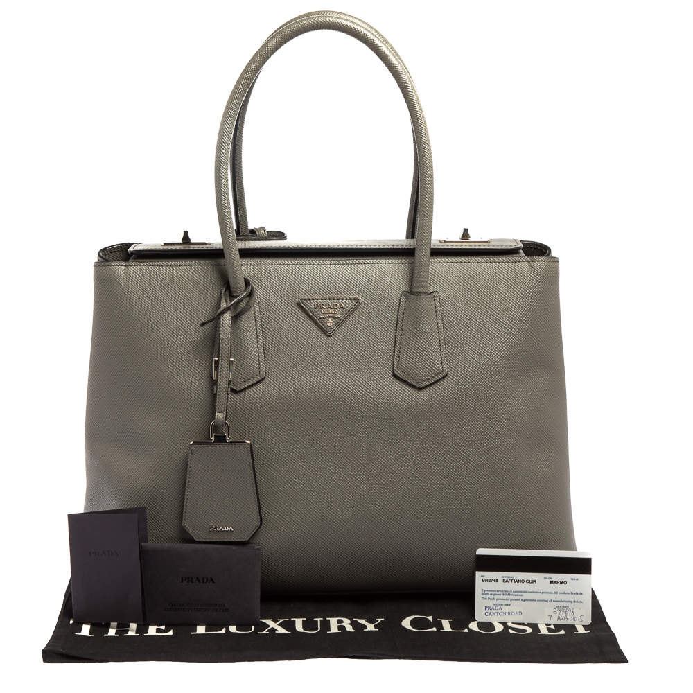 Prada Grey Saffiano Cuir Leather Twin Tote Bag