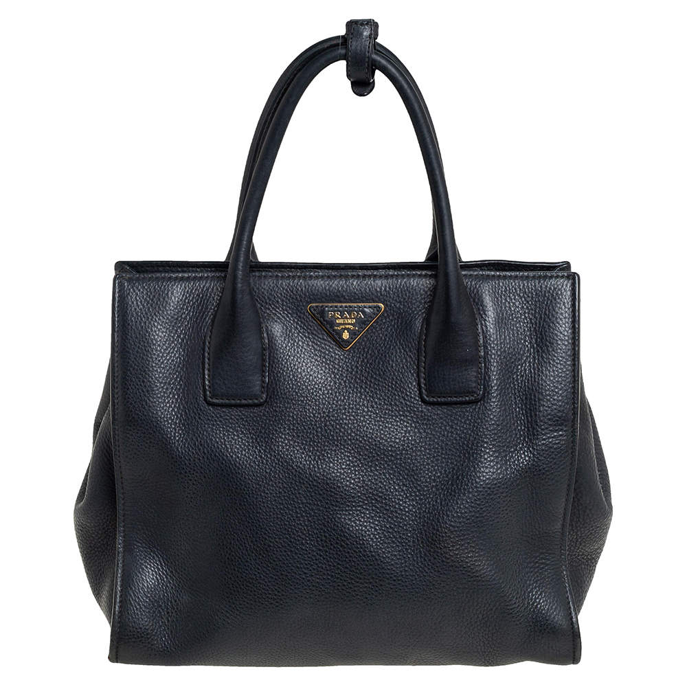 Pre Owned Prada Black Vitello Daino Leather Side Snap Tote