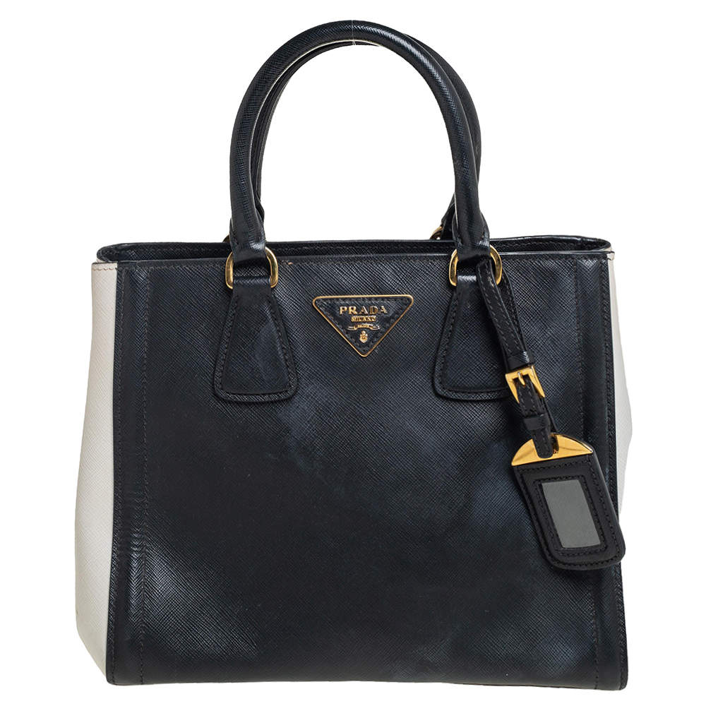 Pre Owned Prada White/Black Saffiano Leather Gardener's Tote